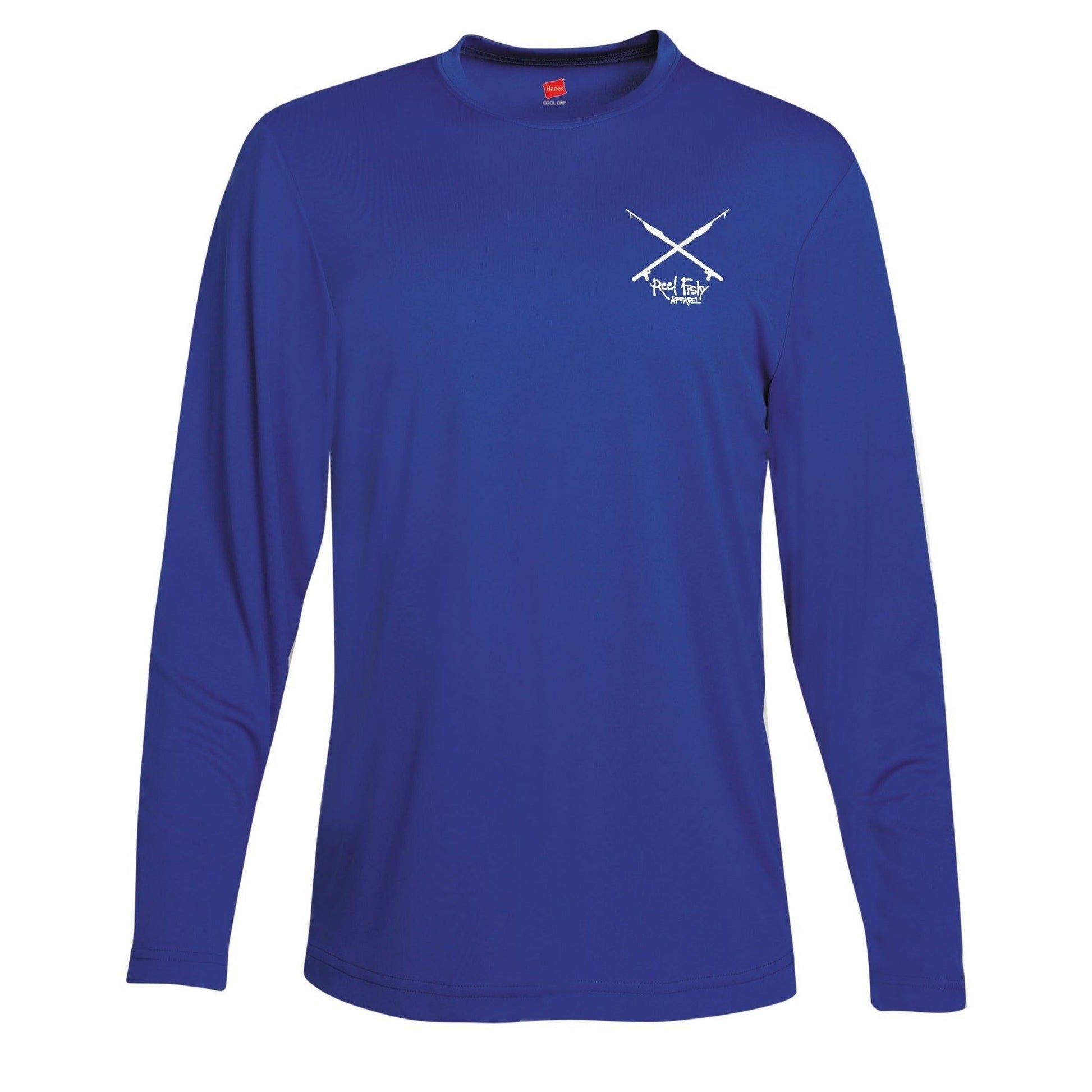 Reel Fishy spearfishing logo on front of Lionfish dry-fit performance shirt on royal blue