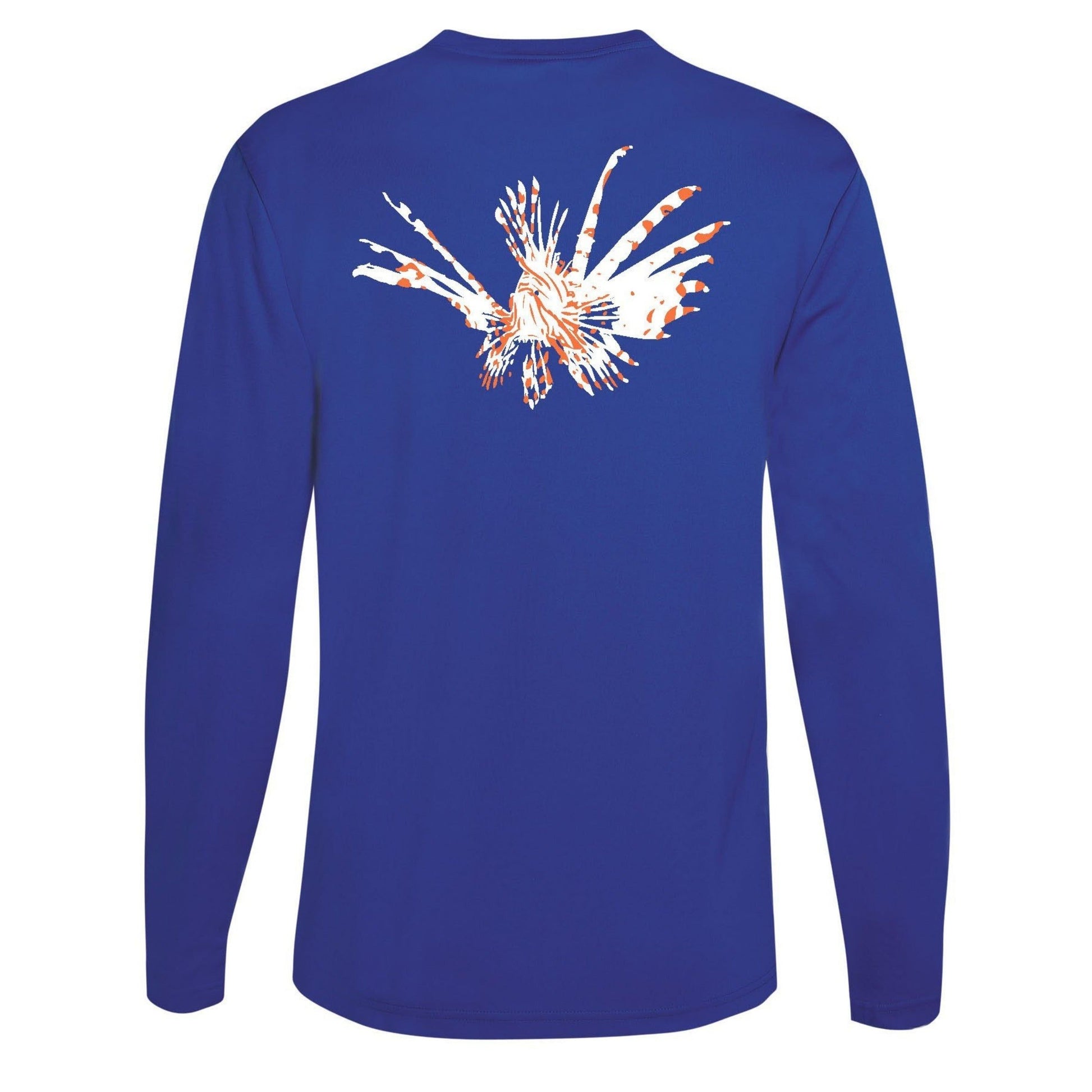 Lionfish logo on royal blue long sleeve dry-fit performance shirt