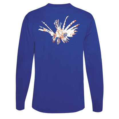 Lionfish logo on royal blue long sleeve dry-fit performance shirt