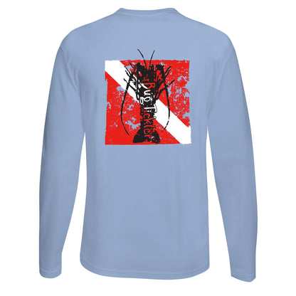 Lobster Performance light blue long sleeve fishing shirt with 50+ UPF sun protection and "Bug Tickler" dive logo