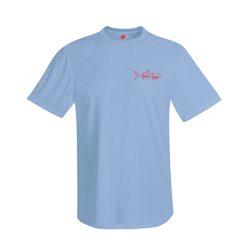 Front of Lobster Performance light blue short sleeve fishing shirt with 50+ UPF sun protection and "Bug Tickler" dive logo