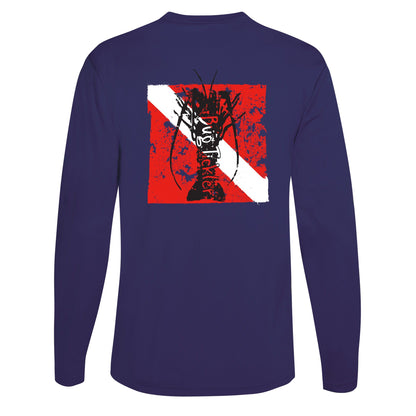Lobster Performance navy long sleeve fishing shirt with 50+ UPF sun protection and "Bug Tickler" dive logo