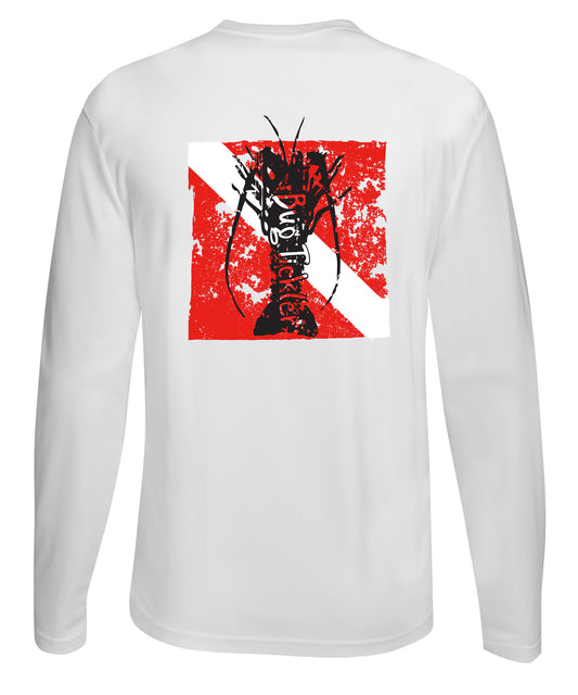 Lobster Performance white long sleeve fishing shirt with 50+ UPF sun protection and "Bug Tickler" dive logo