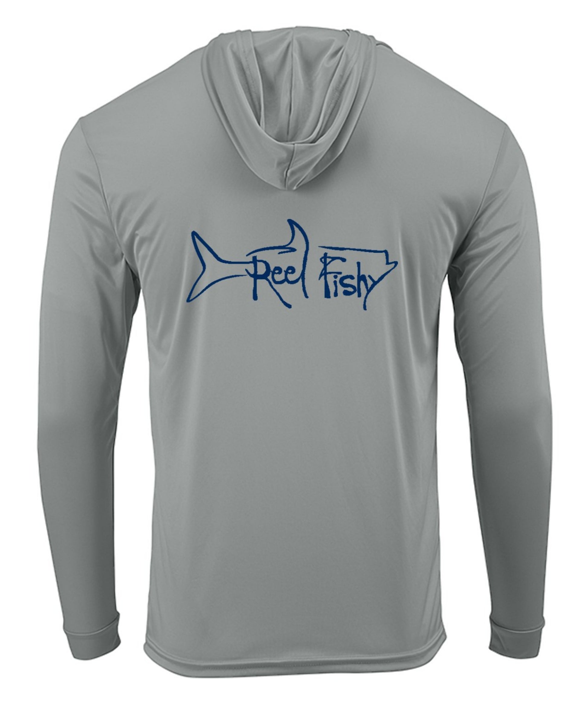 Medium Gray Reel Fishy Tarpon performance hoodie fishing shirt with long sleeves and 50+ UPF sun protection