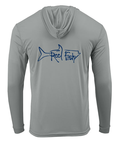 Medium Gray Reel Fishy Tarpon performance hoodie fishing shirt with long sleeves and 50+ UPF sun protection