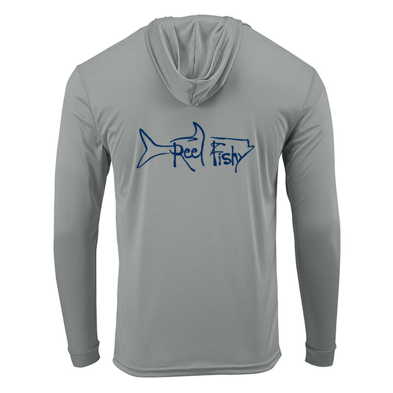 Medium Gray Reel Fishy Tarpon performance hoodie fishing shirt with long sleeves and 50+ UPF sun protection