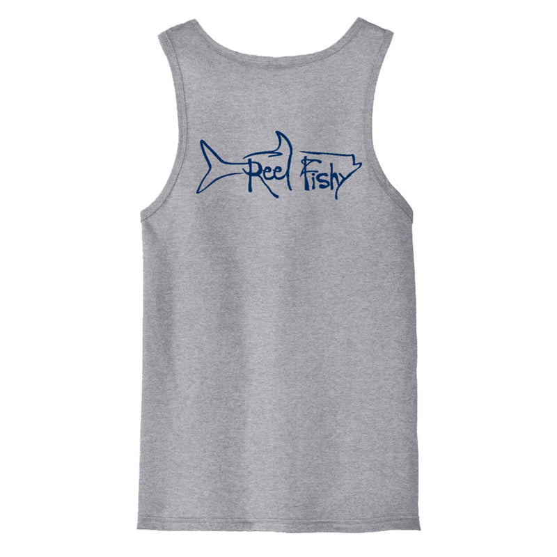 Reel Fishy men’s cotton tank top with Tarpon logo in Heather Grey
