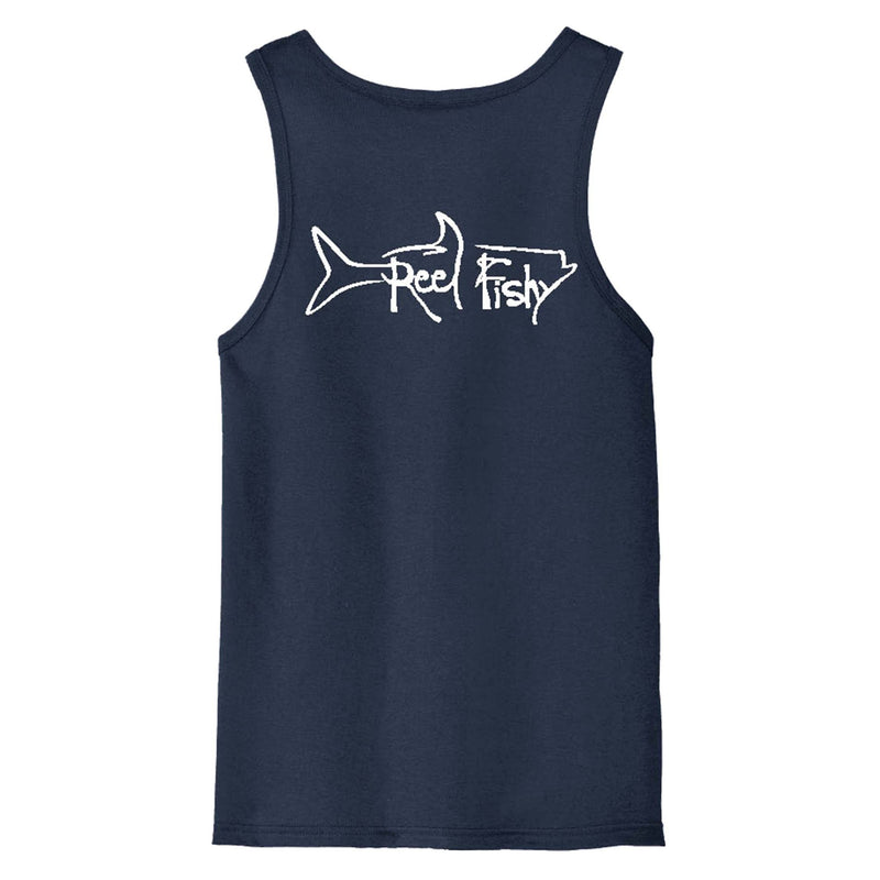 Reel Fishy men’s cotton tank top with Tarpon logo in Navy