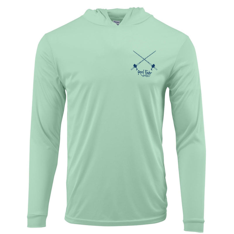 Seagrass Tarpon performance hoodie fishing shirt with long sleeves and 50+ UPF sun protection  - Reel Fishy Apparel Salt Rod Logo on front