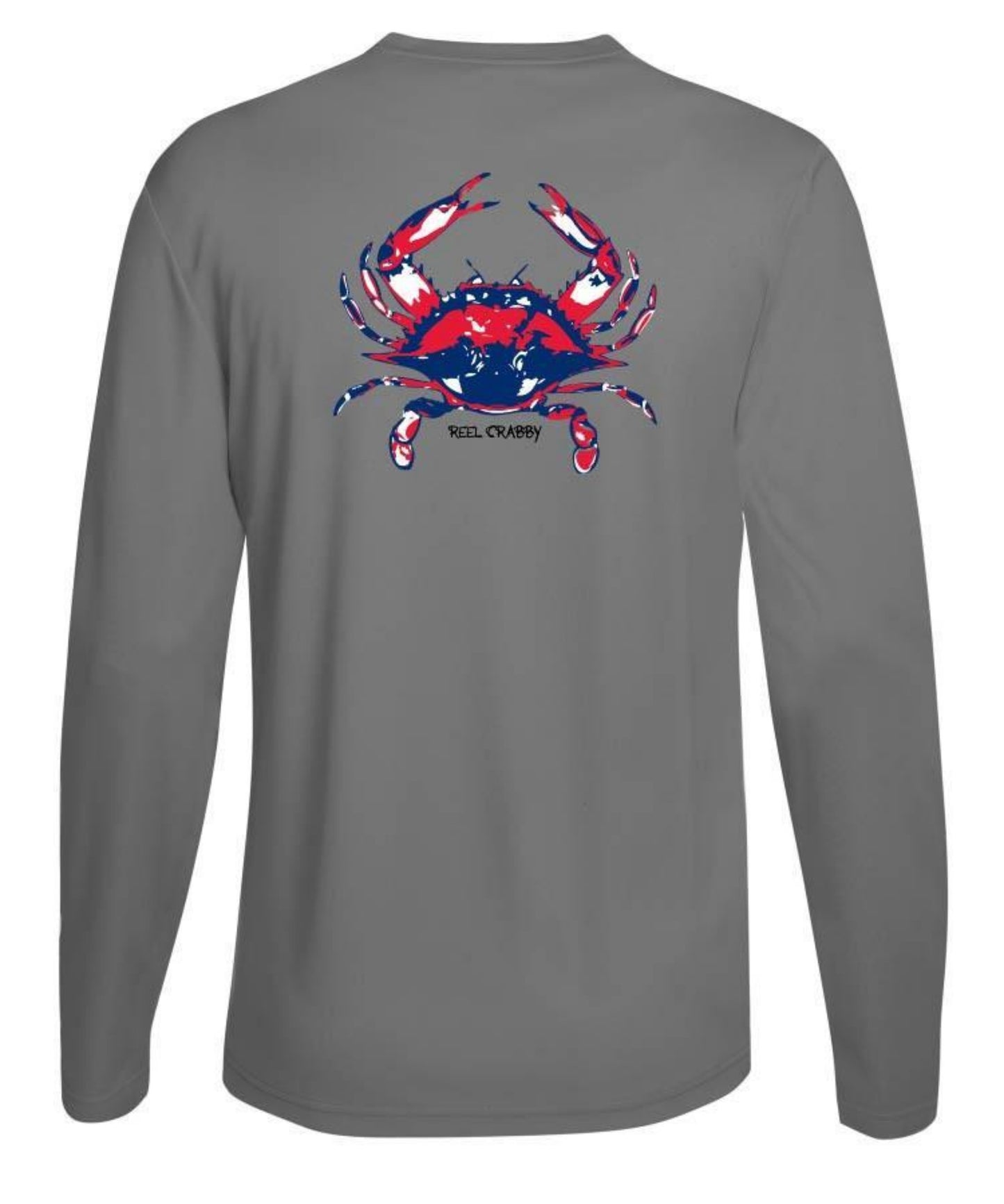 American Blue Crab -Reel Crabby Performance Dry-fit Long Sleeve Shirt with 50+ UV Sun Protection in Charcoal Grey