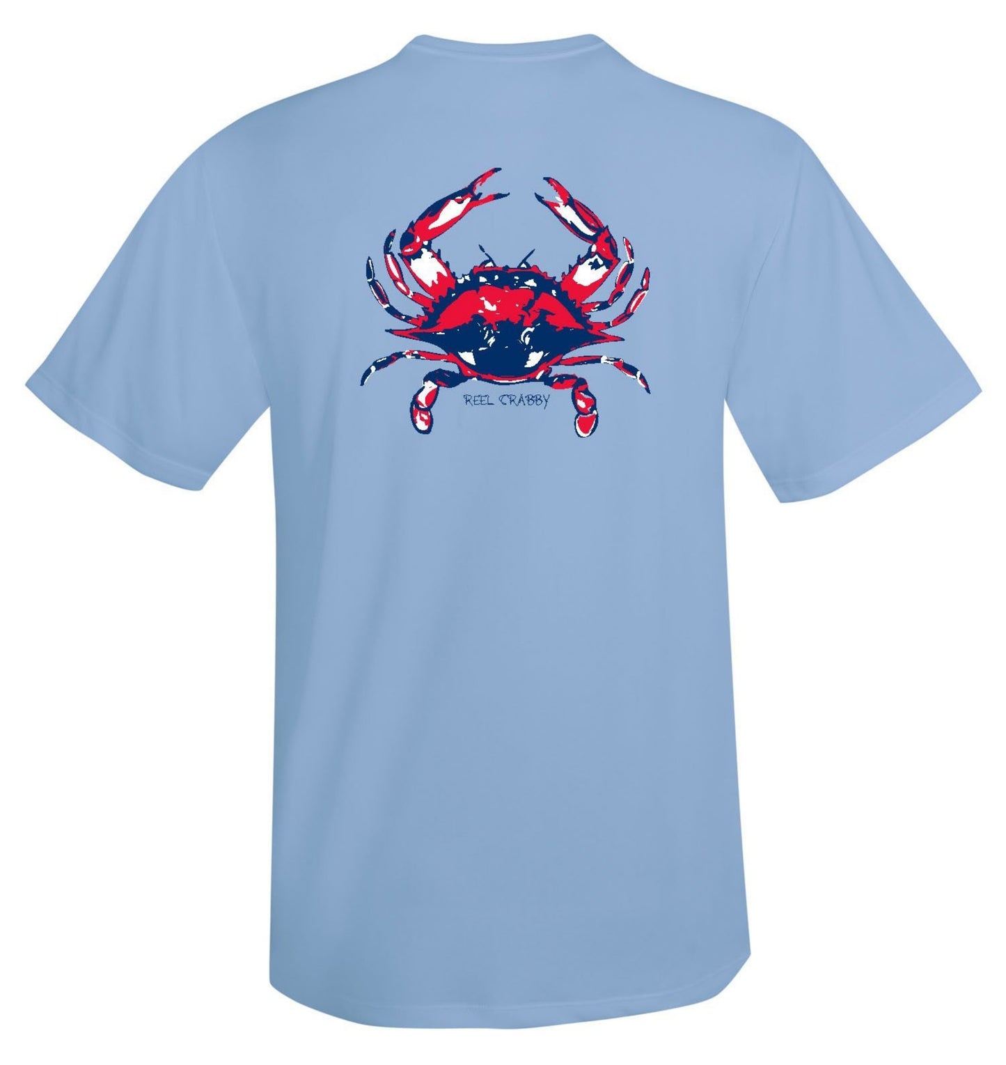 American Blue Crab -Reel Crabby Performance Dry-fit Short Sleeve Shirt with 50+ UV Sun Protection in Light Blue