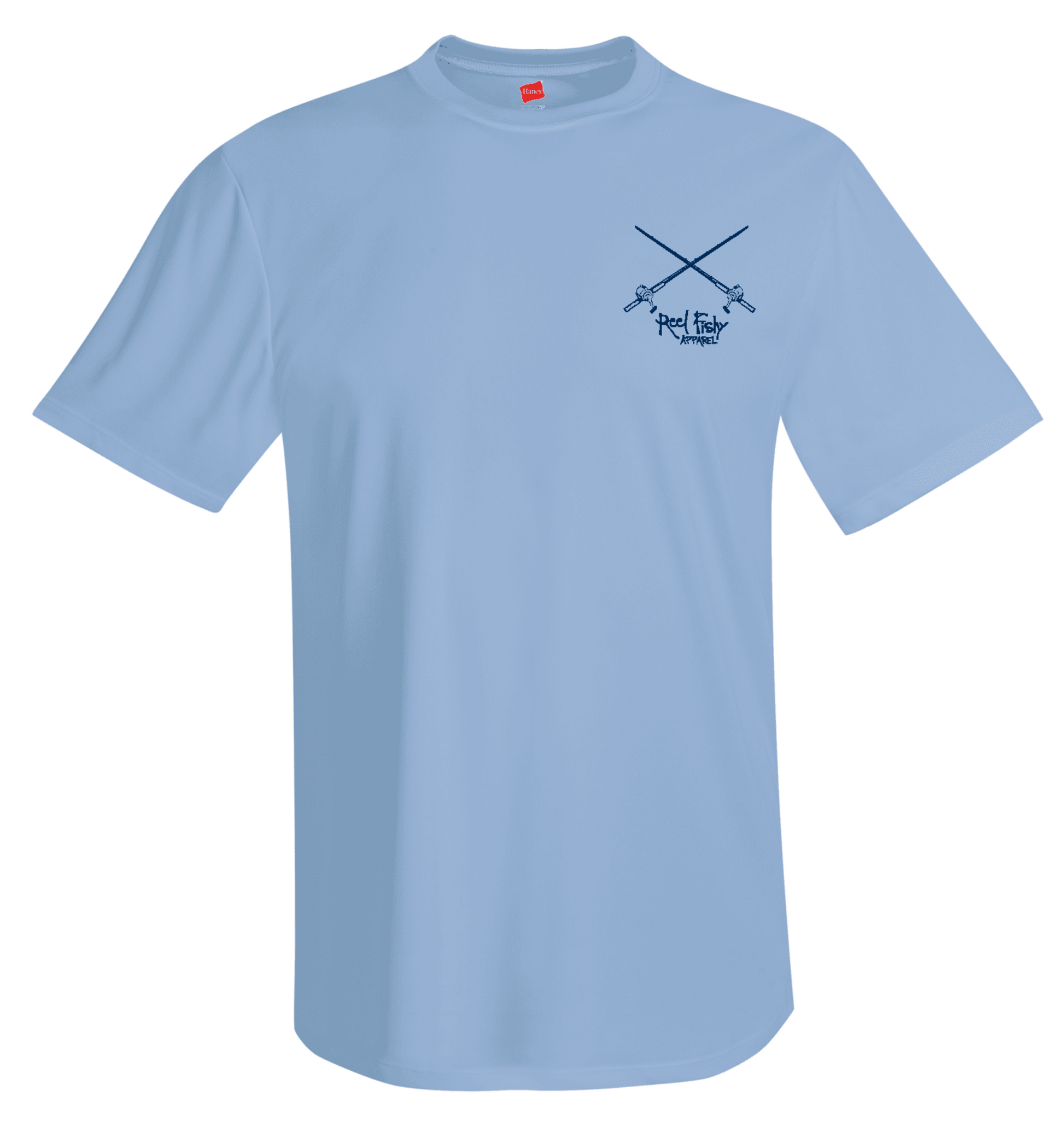 Mahi Fishing Performance Dry-Fit Short Sleeve Light Blue Shirt (Reel Fishy Apparel Salt Rods Logo on Front)