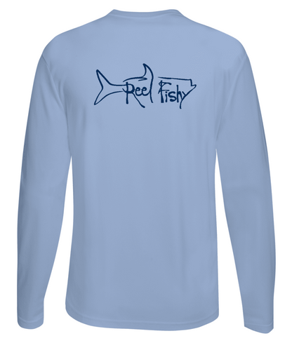 Performance Dry-Fit Tarpon Fishing long sleeve shirts with Sun Protection by Reel Fishy in Lt. Blue