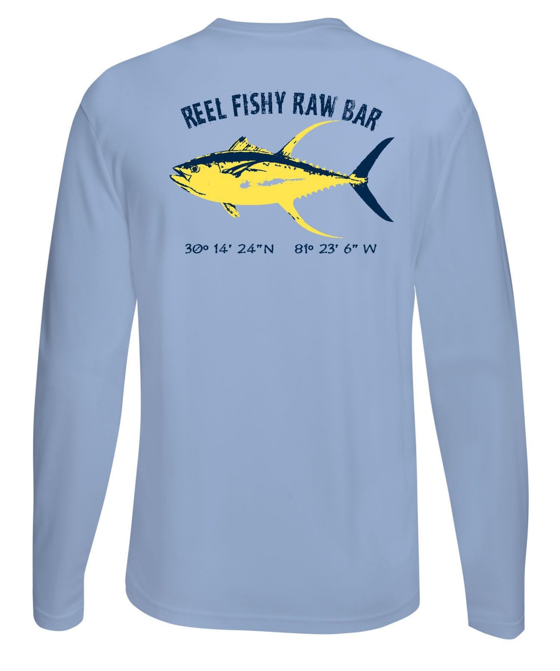 Tuna Fishing Performance Dry-Fit Sun Shirt 50+Upf - Reel Fishy Raw Bar XS / Lt. Blue L/S - unisex