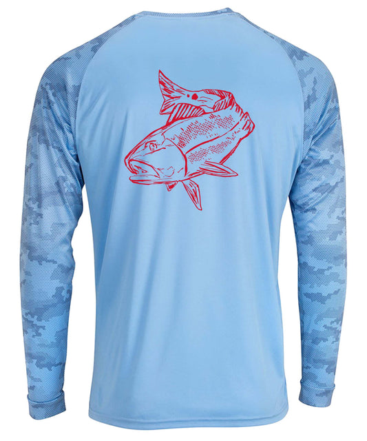 Blue Mist digital camo long sleeve Redfish performance fishing shirt with 50+ UPF sun protection by Reel Fishy