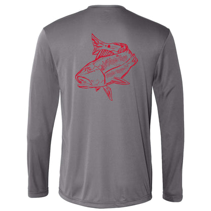 Gray long sleeve Redfish performance fishing shirt with 50+ UPF sun protection by Reel Fishy