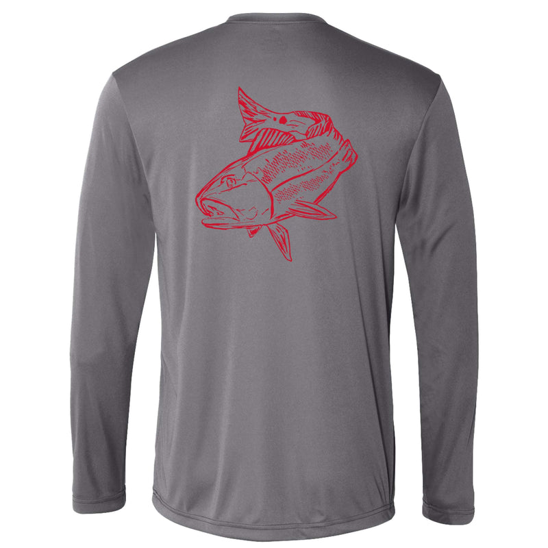 Gray long sleeve Redfish performance fishing shirt with 50+ UPF sun protection by Reel Fishy