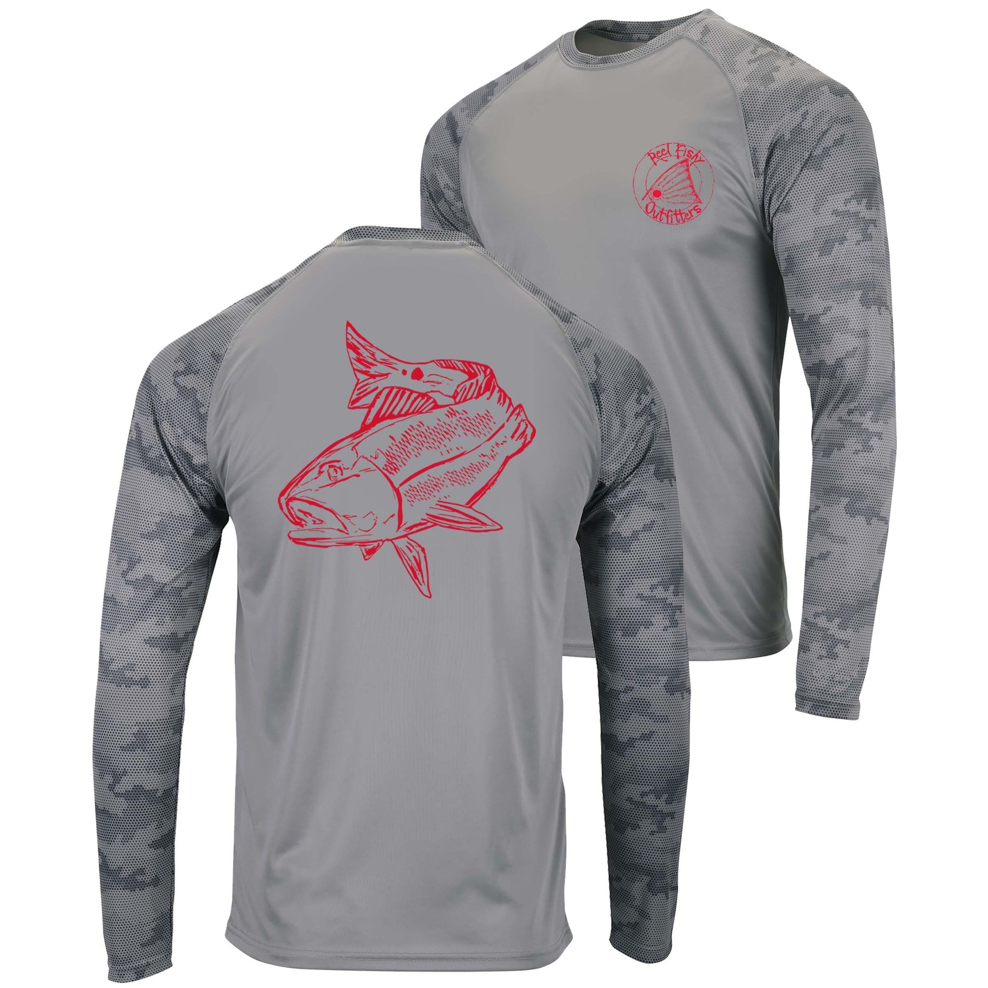 Medium gray digital camo long sleeve Redfish performance fishing shirt with 50+ UPF sun protection by Reel Fishy