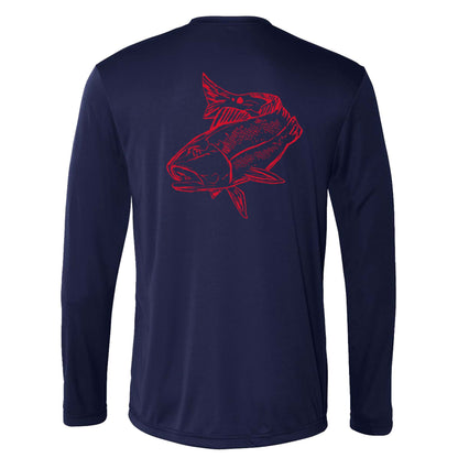 Navy long sleeve Redfish performance fishing shirt with 50+ UPF sun protection by Reel Fishy