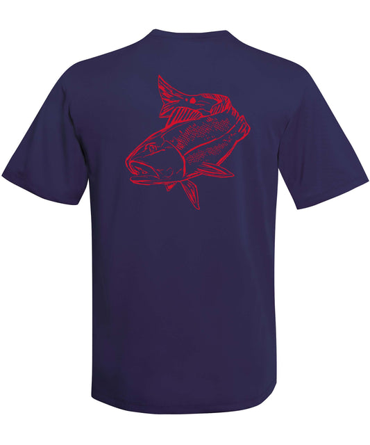 Navy short sleeve Redfish performance fishing shirt with 50+ UPF sun protection by Reel Fishy