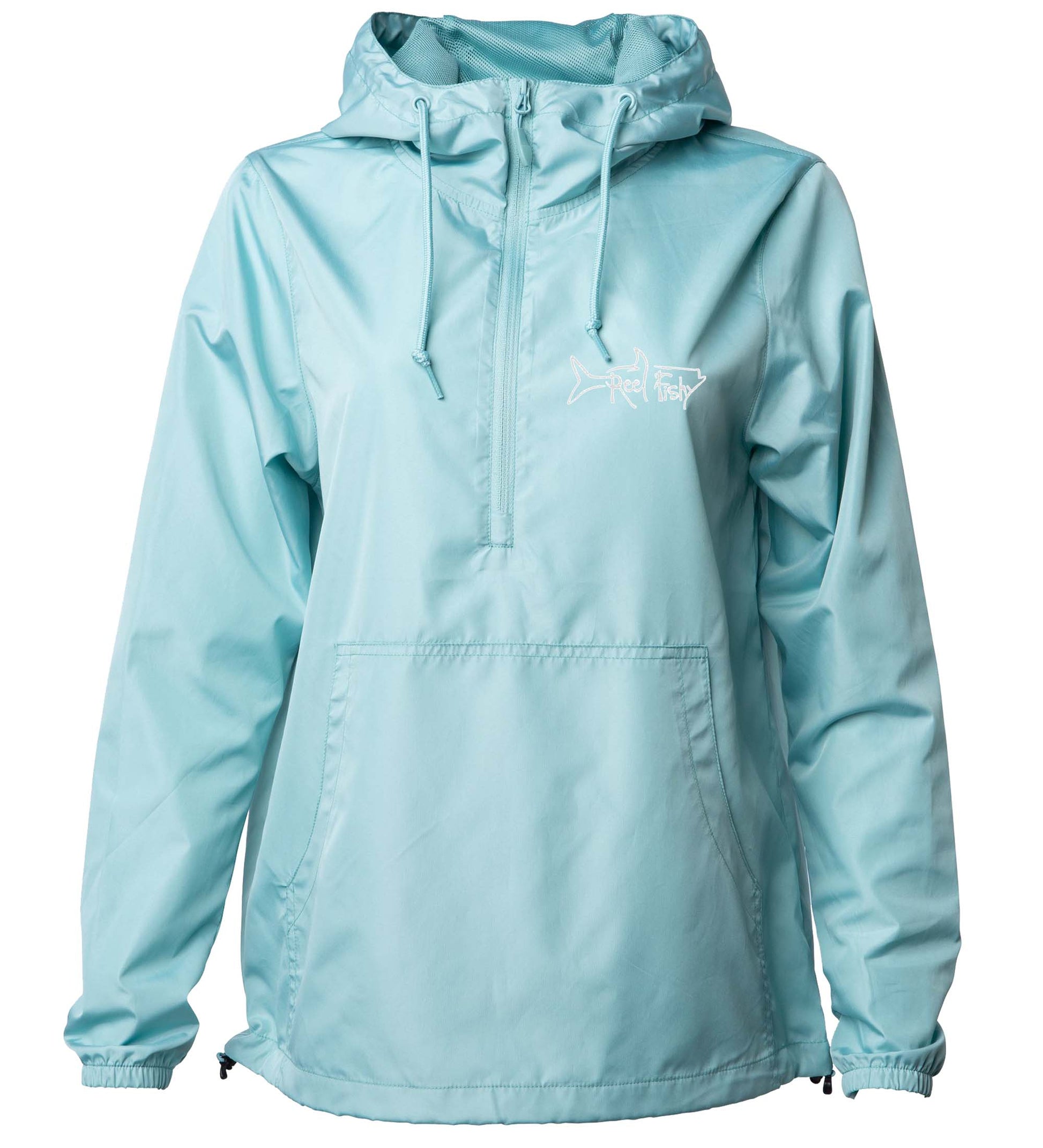 Reel Fishy 1/2-Zip Pullover Windbreaker Jacket in Aqua Blue with Tarpon embroidery