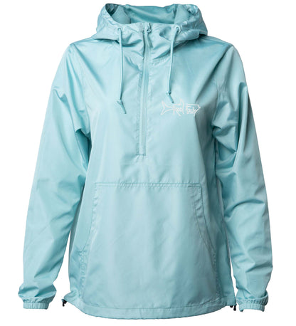 Reel Fishy 1/2-Zip Pullover Windbreaker Jacket in Aqua Blue with Tarpon embroidery