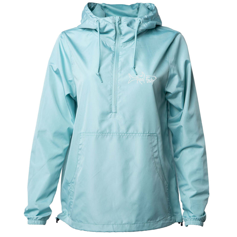 Reel Fishy 1/2-Zip Pullover Windbreaker Jacket in Aqua Blue with Tarpon embroidery