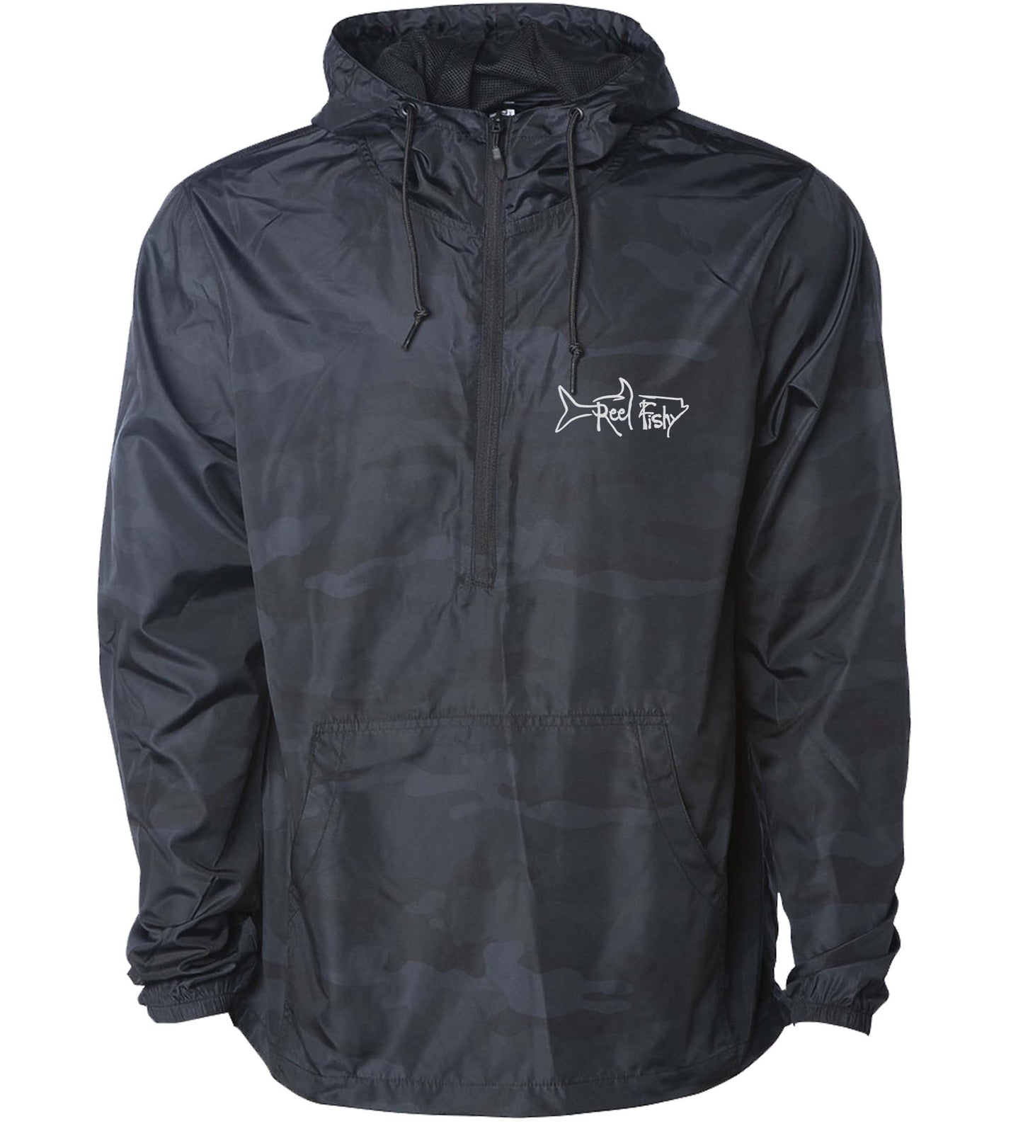 Reel Fishy 1/2-Zip Pullover Windbreaker Jacket in Black Camo with Tarpon embroidery