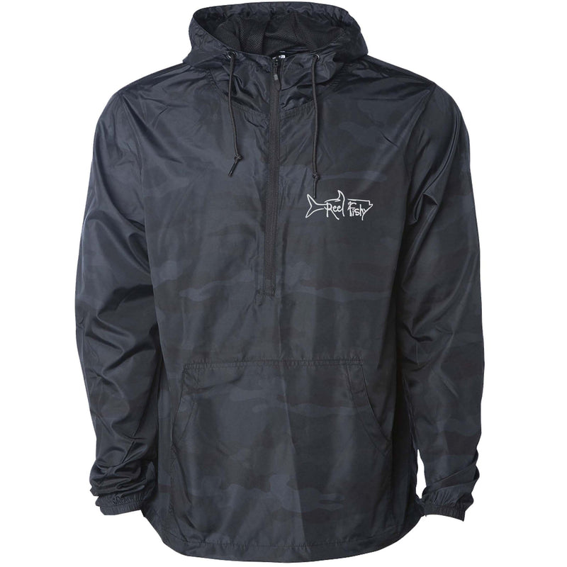 Reel Fishy 1/2-Zip Pullover Windbreaker Jacket in Black Camo with Tarpon embroidery