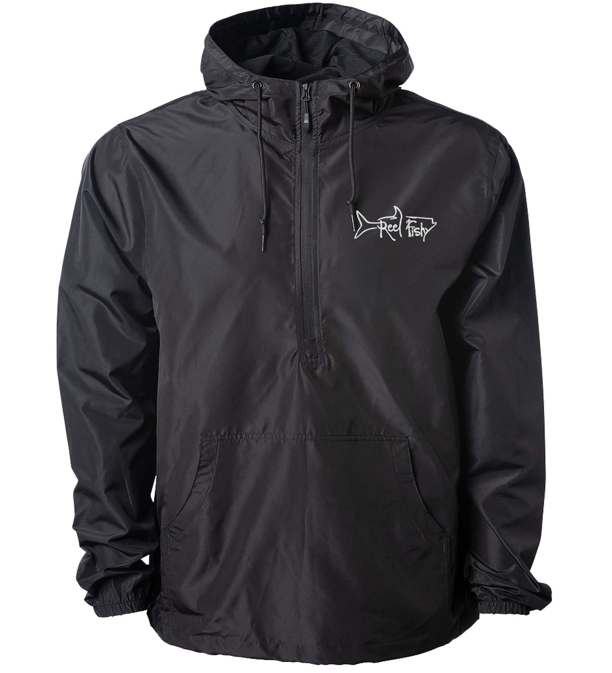 Reel Fishy 1/2-Zip Pullover Windbreaker Jacket in Black with Tarpon embroidery