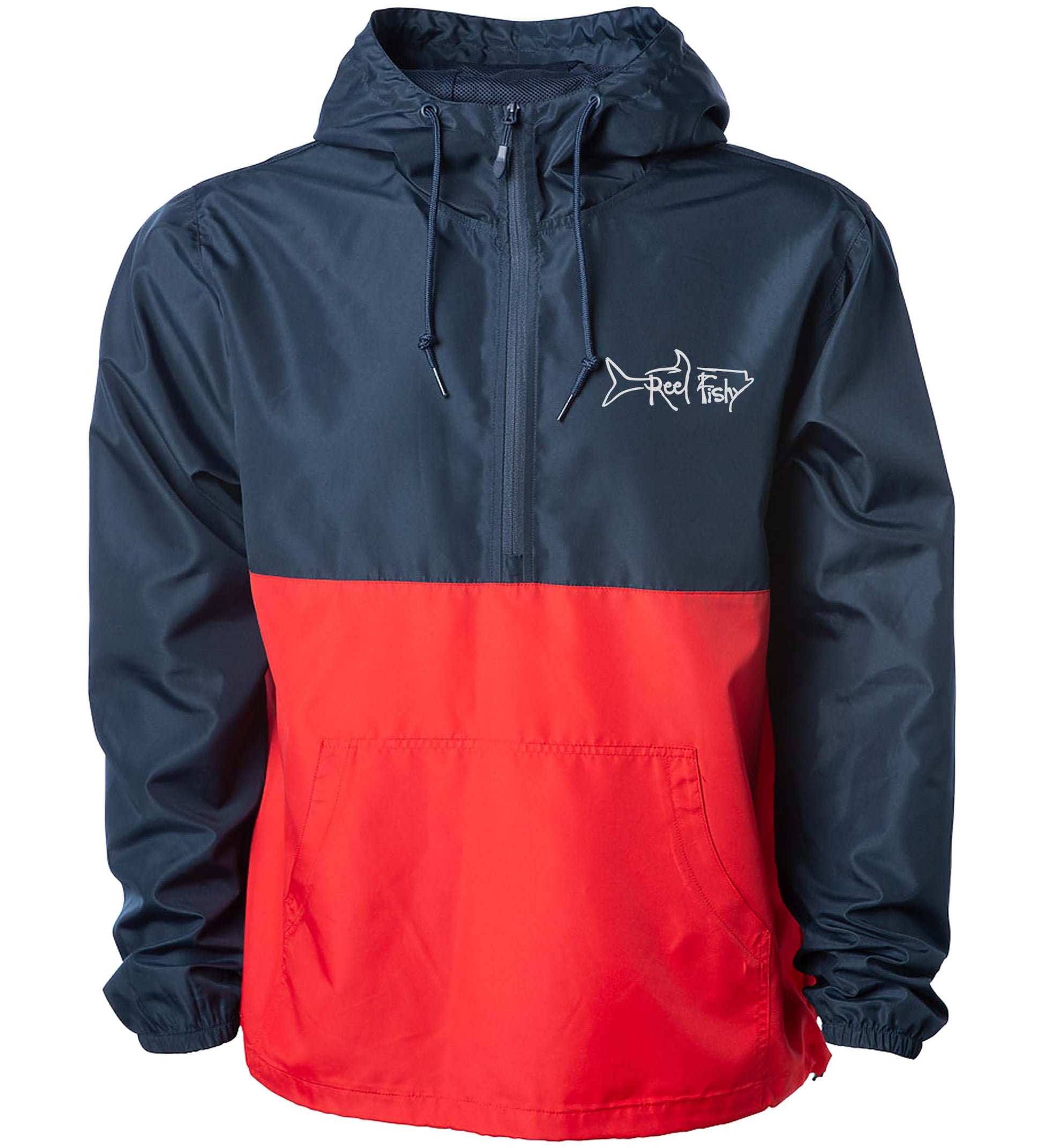Reel Fishy 1/2-Zip Pullover Windbreaker Jacket in Navy and Red with Tarpon embroidery