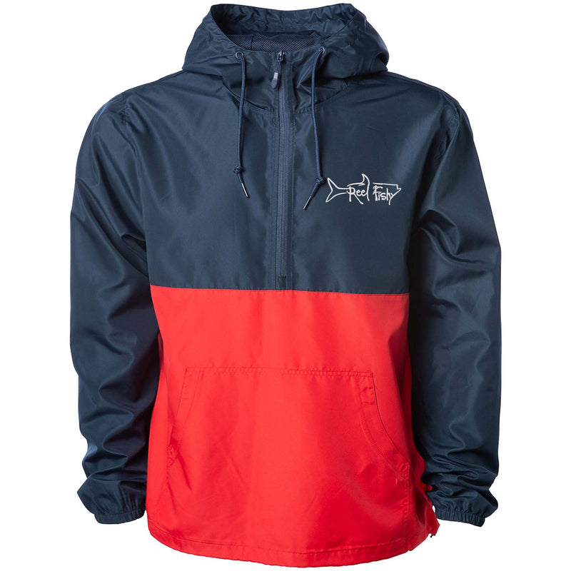 Reel Fishy 1/2-Zip Pullover Windbreaker Jacket in Navy and Red with Tarpon embroidery