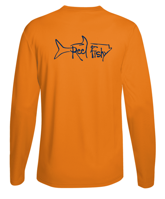 Unisex Neon Orange Tarpon Performance Fishing Long Sleeve Shirt with 50+ UPF by Reel Fishy Apparel