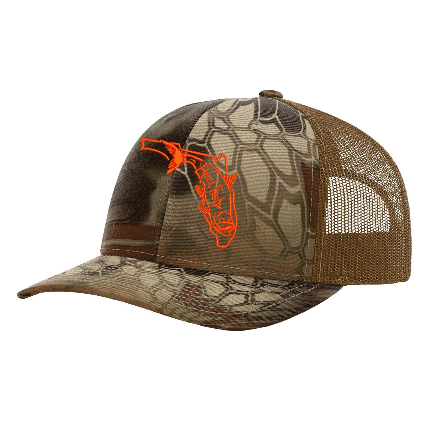 Reel Fishy Tarpon State of Florida design trucker hat in Kryptek Highlander Buck