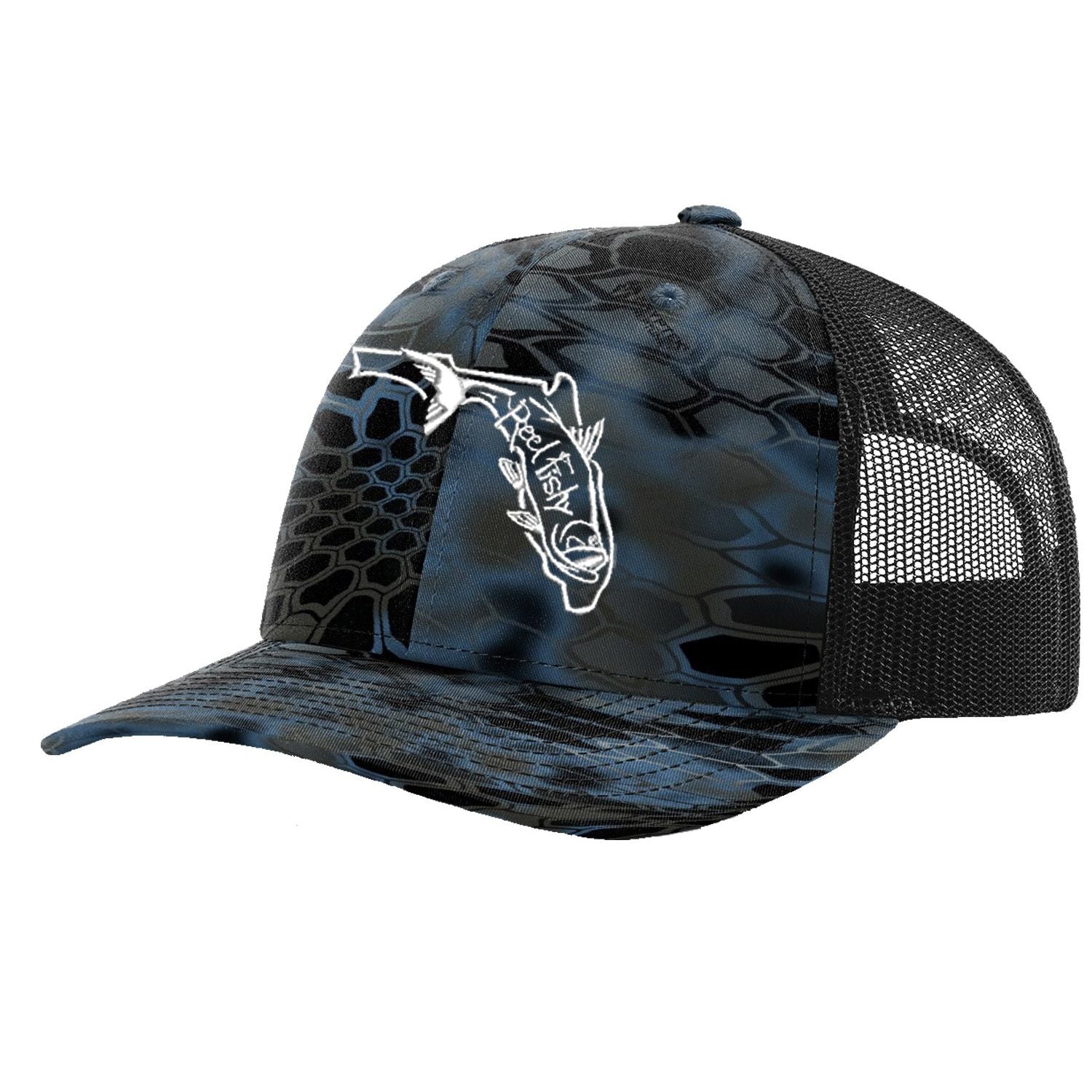 Reel Fishy Tarpon State of Florida design trucker hat in Kryptek Neptune and Black
