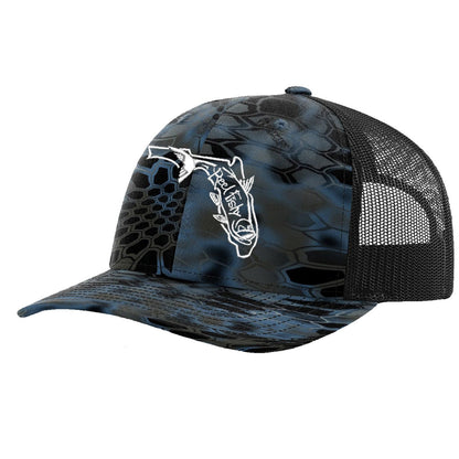 Reel Fishy Tarpon State of Florida design trucker hat in Kryptek Neptune and Black