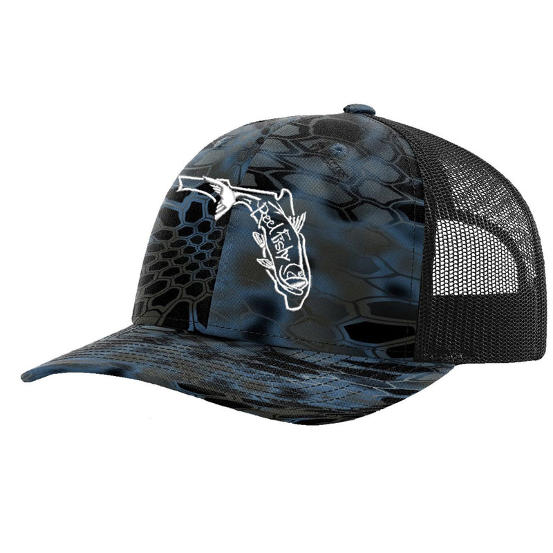 Reel Fishy Tarpon State of Florida design trucker hat in Kryptek Neptune and Black