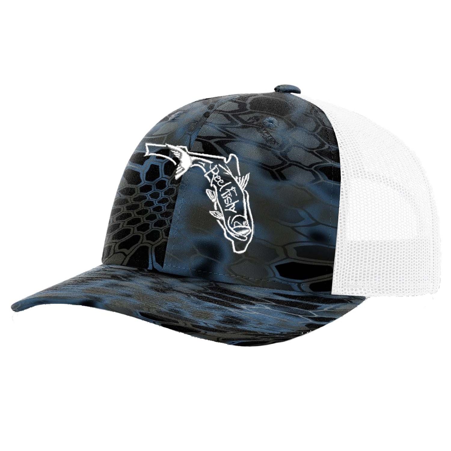 Reel Fishy Tarpon State of Florida design trucker hat in Kryptek Neptune and White