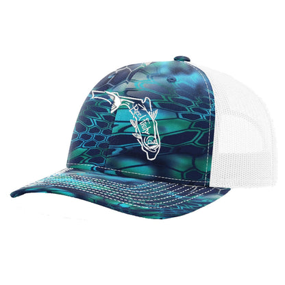 Reel Fishy Tarpon State of Florida design trucker hat in Kryptek Pontus and White 