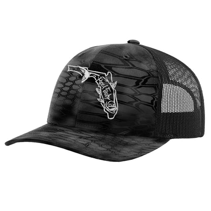 Reel Fishy Tarpon State of Florida design trucker hat in Kryptek Typhon and Black