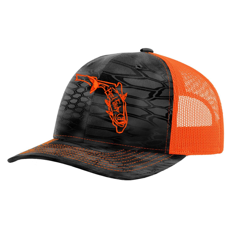 Reel Fishy Tarpon State of Florida design trucker hat in Kryptek Typhon/Orange 