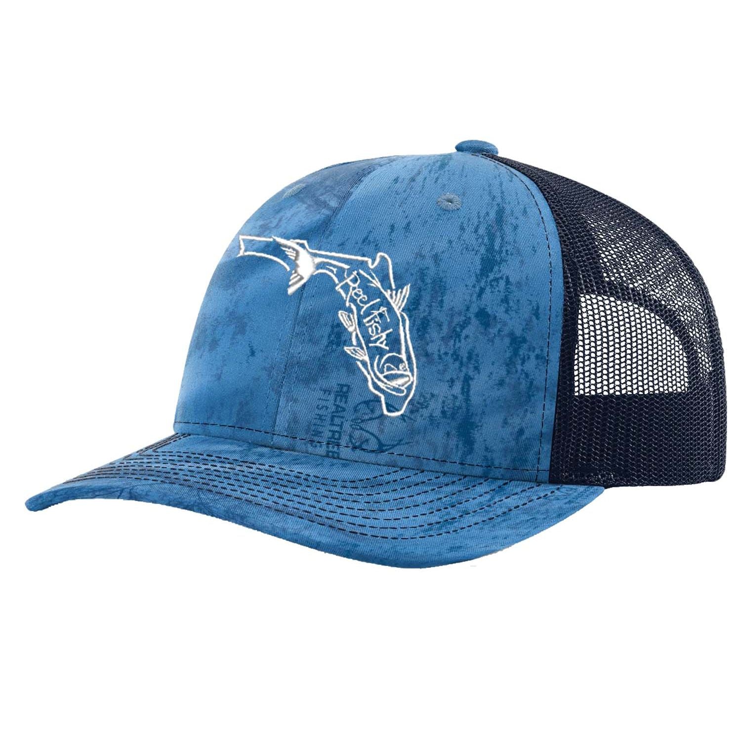 Reel Fishy Tarpon State of Florida design trucker hat in Realtree Blue and Navy
