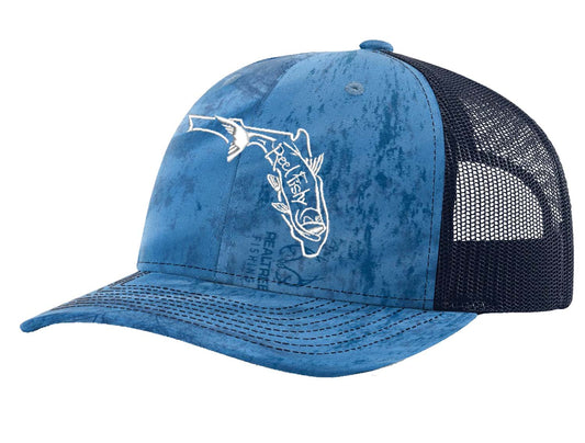 Reel Fishy Tarpon State of Florida design trucker hat in Realtree Blue and Navy