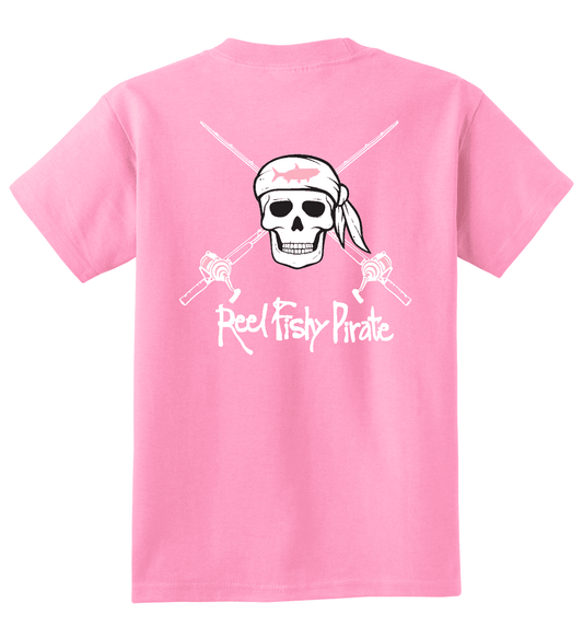 Youth Reel Fishy Pirate Skull & Rods t-shirt - Candy Pink