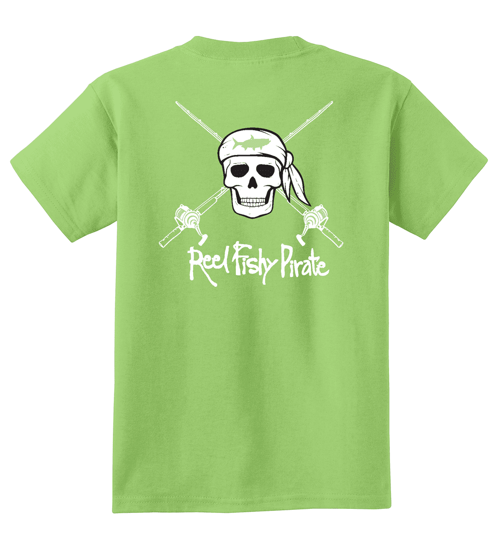 Youth Reel Fishy Pirate Skull & Rods t-shirt - Lime Green